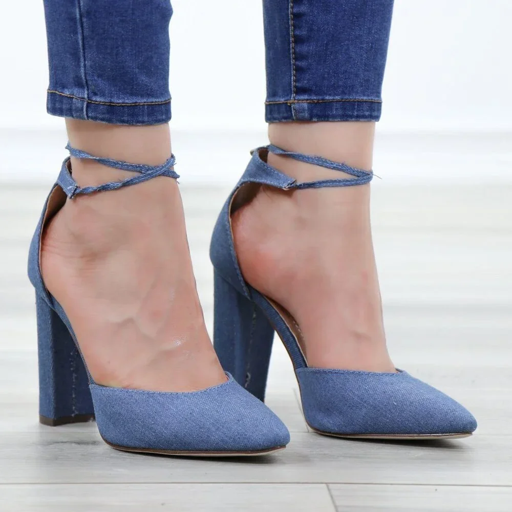 Denim Pointy Toe Block Lace-Up High Heel Pumps - Picture 4 of 15